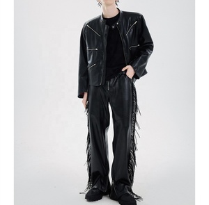 Pantalones anchos de cuero PU de cintura alta para hombre con decoración de borlas, estilo gótico, cierre de cremallera, para otoño - Product Image 4