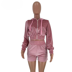 Ensemble deux pièces en velours décontracté pour femme : veste courte à capuche et short, tenue de survêtement sexy en velours côtelé pour l'hiver - Product Image 1