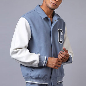 <b>Men's</b> Light Blue Varsity <b>Jacket</b> with <b>White</b> Sleeves Embroidered C Logo Preppy Style Regular Fit Winter Cartoon Pattern Reversible - Product Image 2