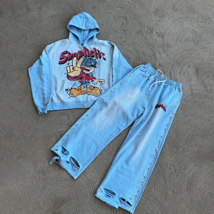Expu Custom Manufacturer Acid Wash Ensemble de survêtements d'hiver pour hommes, survêtement avec capuche zippée et strass délavés au soleil - Product Image 1