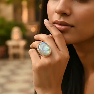 Bague ajustable en argent 925 pour femme, motif géométrique en cluster de pierres de lune, plaqué rhodium, sertissage invisible - Product Image 2