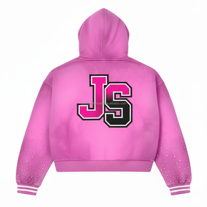 Heavy fleece zipper hoodie 400GSM warm <b>pink</b> gradient hoodie rhinestone design custom embroidered logo basics <b>hoodies</b> - Product Image 2