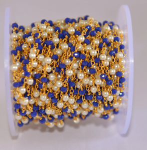 3mm Blue Glass Beads & <b>White</b> Pearl Rosary Chain Gold Plated Brass Wire Wrapped Beaded Chain by the Foot for DIY Jewelry Making - Product Image 1