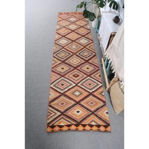 2.8x10.7 ft Kilim Vintage Rug, <b>Brown</b> Polka dot Turkish Rug <b>Wool</b> - Product Image 1