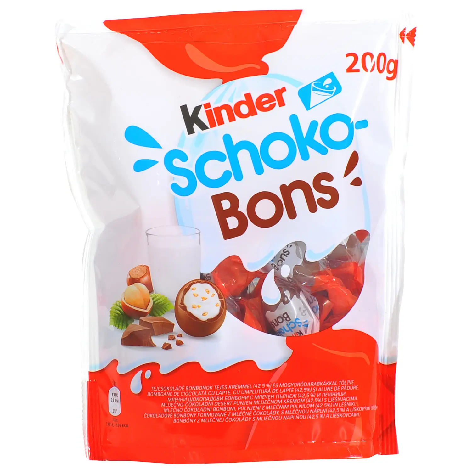 Kinder Schoko- Kinder Schoko Bons-delicious crispy balls with pieces of hazelnut and covered with a layer of chocolate.