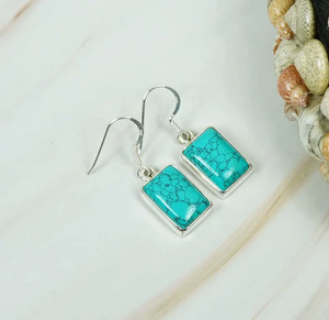 Pendientes turquesa azul hechos a mano de Plata de Ley 925 piedras preciosas colgantes forma rectangular regalo para mujeres piedra natal de diciembre - Product Image 3