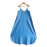 Robe décontractée trapèze en coton et lin tissé naturel bleu uni, élégante, lavable, écologique, avec ceinture, longue tunique