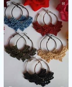 Pendiente de aro de macramé de hilo de Color negro, joyería femenina, conjunto circular de latón, pendiente de aro de macramé de estilo bohemio - Product Image 3