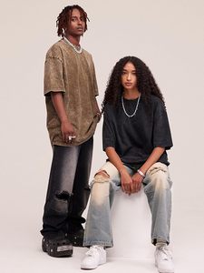 Streetwear T-shirt décontracté 100% coton solide motif avant Logo coupe ample tissu tricoté - Product Image 6