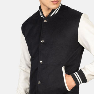 Veste Vaxton Hybrid Varsity à rayures noires, manches en cuir brodé et satiné, col montant, manteau d'hiver teint OEM de style vintage - Product Image 6