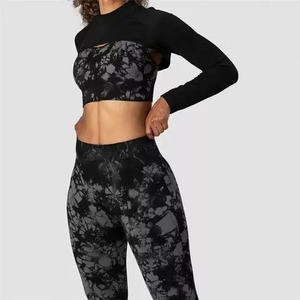 Tie Dye femmes entraînement 3 pièces vêtements de course Fitness ensembles côtelé sans couture Leggings vêtements de sport de sport soutien-gorge pantalon personnalisé en gros - Product Image 4