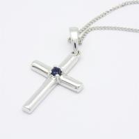 Chaîne de bijoux fantaisie avec pendentif en or blanc 18K 14K 9K et saphir, croix catholique chrétienne, classique pour femme, anniversaire, fiançailles