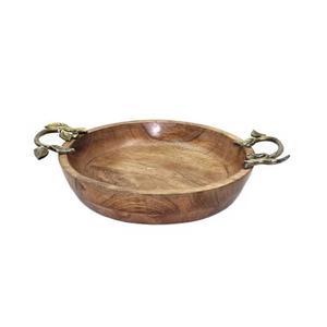 Cuenco redondo de madera hecho a mano para cocina y mesa con mango de metal Cuenco para servir de color natural y cuencos decorativos - Product Image 1