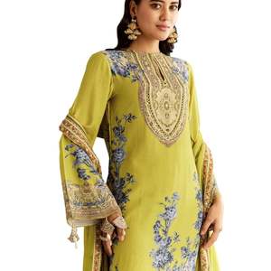 Traje de muselina Kurta Palazzo de algodón verde lima claro con Chinon Dupatta, venta al por mayor de Ropa Étnica para mujer, fábrica de ropa OEM a granel - Product Image 2