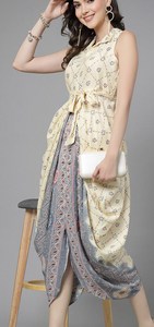 Women's Readymade Ethnic Motifs Printed Dhoti Styled <b>Dress</b> Shirt Collar Sleeveless Designer Indo Western A-Line Silhouette - Product Image 3