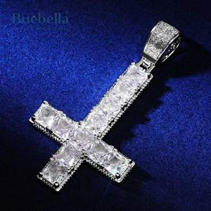 Moissanite Diamond Upside Down Cross Pendant 925 Silver & 18K White Gold Plated For Men - Product Image 2