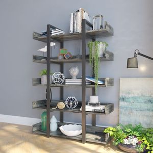 Étagère à cinq niveaux en bois et bambou avec structure en fer noir, durable, pour salon - SFKS008 - Product Image 1