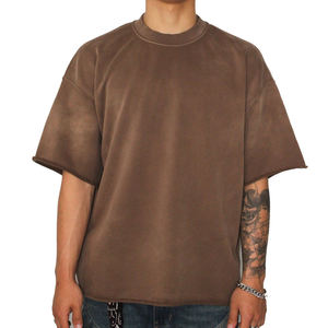 T-shirt en coton lourd lavé Vintage en détresse Logo personnalisé imprimé surdimensionné hommes Double cou ourlet brut T-shirt fané au soleil - Product Image 5