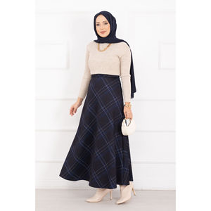 Jupe de plongée bleu marine à carreaux, coupe droite chic avec ceinture, en coton tricoté respirant, taille XS, pour l'été et l'automne, décontractée et tendance - Product Image 4