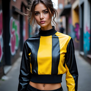 Chaquetas de PU Abrigos recortados de cuero de retales de color contrastante Trajes con cremallera Chaqueta de invierno Mujer | Chaqueta corta de cuero para mujer - Product Image 5