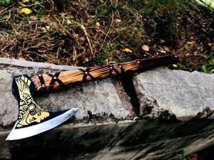 Hacha de acero damasco hecha a mano para acampar al aire libre personalizada nueva gran venta hacha mango de madera Funda de cuero para corte Industrial - Product Image 6