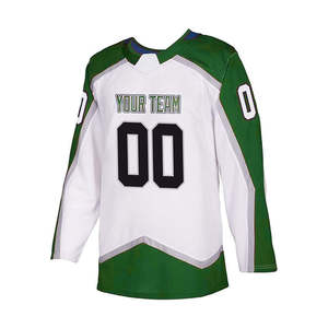 Maillot de hockey sur glace personnalisé, uniforme d'équipe blanc, nom et numéro personnalisés, panneaux d'épaule vert et marron, haut de sport sublimé - Product Image 4