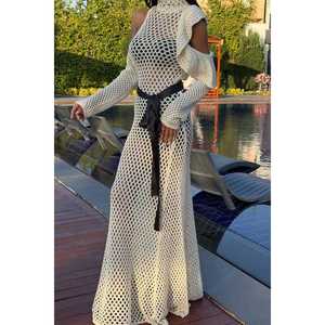 Vestido de punto calado 2847 con cinturón de satén, cintura natural, característica transpirable - Product Image 1