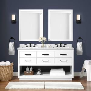 Lavabo moderne blanc <span class=keywords><strong>de</strong></span> 60 pouces avec <span class=keywords><strong>miroir</strong></span>, meuble pour <span class=keywords><strong>salle</strong></span> <span class=keywords><strong>de</strong></span> bain à double vasque avec comptoir en marbre, armoire murale en bois MDF - Product Image 3