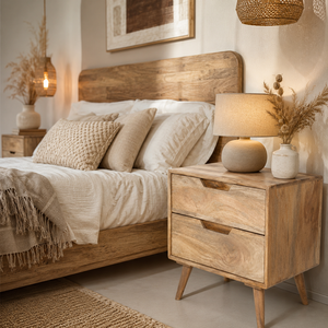 Table de chevet Moos en bois de manguier massif, 2 tiroirs, style moderne minimaliste, meubles de chambre à coucher, meubles d'hôtel, taille personnalisée, antique - Product Image 2
