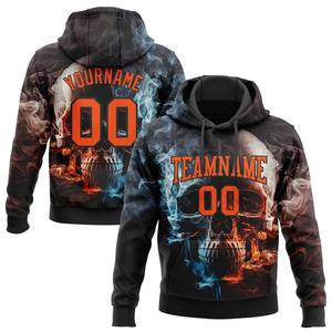 Sudadera con capucha de calavera 3D negra y naranja cosida personalizada, Jersey deportivo a la moda, sudadera bordada Lisa teñida con cuentas técnicas de invierno - Product Image 1