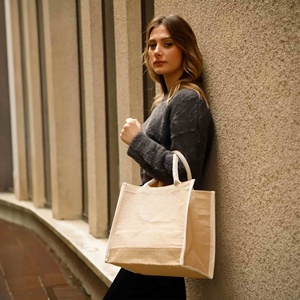 Juco Durable 12oz Thick Square Tote Jute Burlap Canvas Beach Bag Rope Reusable Plain Screen Letter <b>Medium</b> for Daily Use Gift - Product Image 3