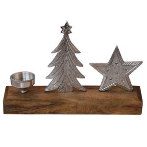 Ensemble de bougeoirs en aluminium de qualité supérieure, ton argenté, avec base en bois de manguier, centre de table, décoration d'intérieur, bougeoir - Product Image 2