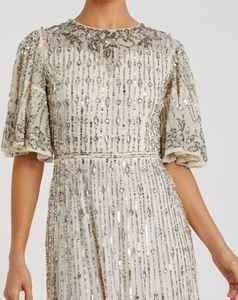 Elegante Vestido de Noche Largo hasta la Rodilla, Estilo Aline, de Chifón Sólido, con Mangas de Lentejuelas y Cuentas, Estilo Vestido de Gala para Fiesta - Product Image 1