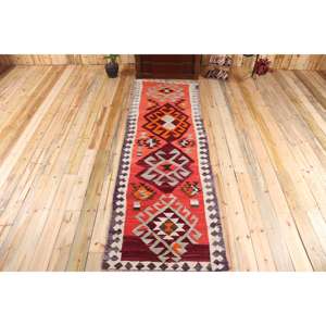 Vintage Rug, <b>Runner</b> 3x9.6 ft Rug, Kilim <b>Red</b> Ikat Rug - Product Image 1