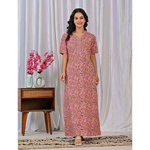 Vestido de Dormir 100% Algodón con Estampado Jaal Hecho a Mano, Camisón Suave Tejido con Diseño Floral y Cierre de Botones, Talla 3XL para Damas de Honor - Product Image 5