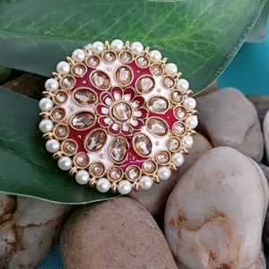 Vente en gros de bijoux indiens Kundan cristal fausse perle émail bague réglable bijoux de mariée, rose - Product Image 2