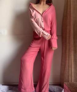 Nouvelle mode 2 pièces pour femmes ensemble cravate teinture coton crêpe chemise taille haute pantalon large bouton décoration manches longues naturel - Product Image 6