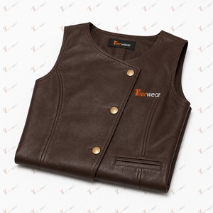 Tiierwear Women's <b>Brown</b> PU Leather Asymmetric <b>Vest</b> With Button Closure Front Logo Outer Wear - Product Image 6