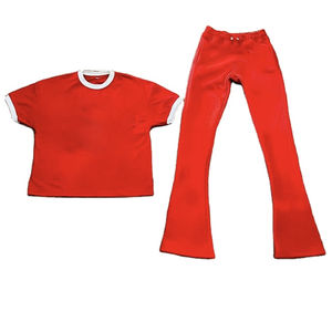 2025 personnalisé hommes survêtement 2 pièces T-shirt t-shirt et pantalons de survêtement évasés empilés pantalon de survêtement ensemble coton Street Wear - Product Image 5