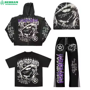 Conjunto Deportivo Unisex de Estilo Urbano, Sudadera con Capucha y Cremallera, Hombros Caídos, Pantalones con Dobladillo Dividido, Diseño con Estampado de Letras, Otoño - Product Image 2