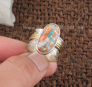 Bague en argent sterling 925 de style Boho fait à la main avec huître épineuse et pierre précieuse turquoise en gros - Product Image 2