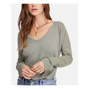 T-shirt da donna Free People Sienna in jersey di cotone 100% con scollo rotondo, dettaglio bottoni a pressione e decorazione a rombi, traspirante, taglie XS, XXS, XL, verde - Product Image 1