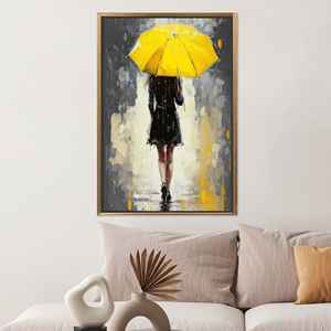 Printed Canvas: Rainy Day Art - Woman with Yellow Umbrella,<b>Gold</b> <b>Framed</b> Canvas - Product Image 1