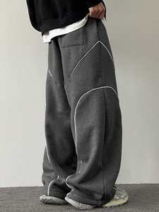 Pantalones de chándal de pierna ancha gris oscuro para hombre, 100% algodón, tela de pana pesada lavada, ajuste drapeado suelto, cordón de puntada curvada - Product Image 3