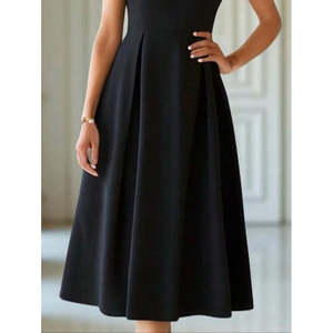 Vestido Midi de Crepé Brillante con Cuello Alto y Pliegues de Manga Corta para Mujer, Estilo Elegante para Uso Diario y Oficina, de Jane's - Product Image 4