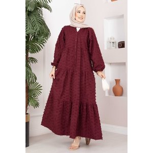Vestido holgado tejido con cuello en V, textura bordeaux, botones y capas, con aberturas, elegante, modesto, transpirable, cintura caída, talla única, ideal para club. - Product Image 1