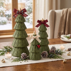 Décoration de Noël en rotin, petite forme de sapin faite à la main pour intérieur, avec ruban à carreaux et étoile sur le dessus, style traditionnel - Product Image 2