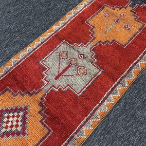 Turkish Rug, Small 3.1x10 ft Vintage Rug, <b>Red</b> Orange Geometric <b>Wool</b> Rug - Product Image 2