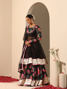 Black Floral Print Lehenga Set with Sheer <b>Jacket</b> Silver Border and Pink Accents Festive <b>Wedding</b> Party Wear <b>for</b> Women Designer - Product Image 5