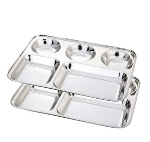 ถาดรับประทานอาหารสแตนเลสสตีล5ช่องพร้อมขอบกลมเป็นเหล็กสี่เหลี่ยมผืนผ้าจานอาหารกลางวันและอาหารเย็น - Product Image 1